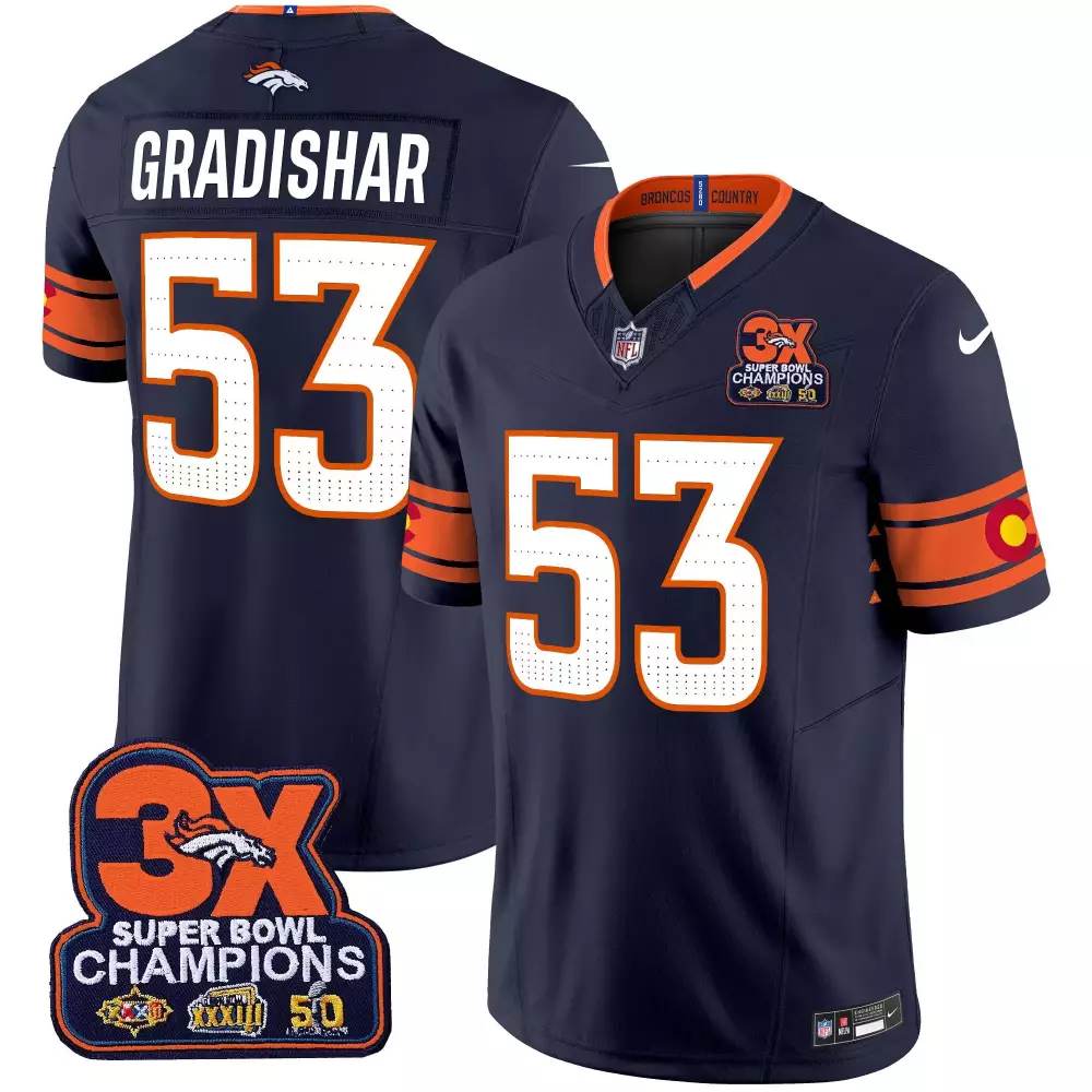 Randy Gradishar 53 Broncos Jersey Navy 3x Super Bowl Champions Men Orange White Vapor