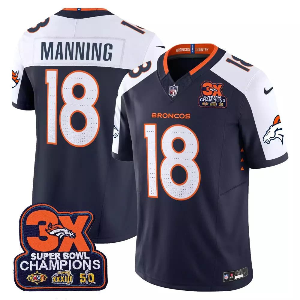Peyton Manning 18 Broncos Jersey Navy Super Bowl Champions 3x Xxxiii Men Game Orange