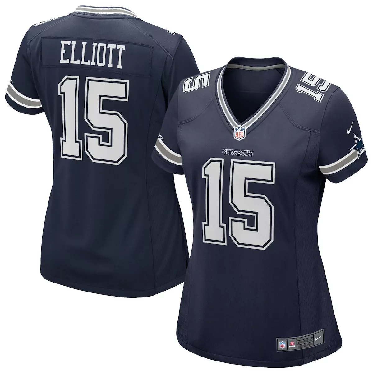 Ezekiel Elliott 15 Dallas Cowboys Jersey Navy Women Replica Gray White Game