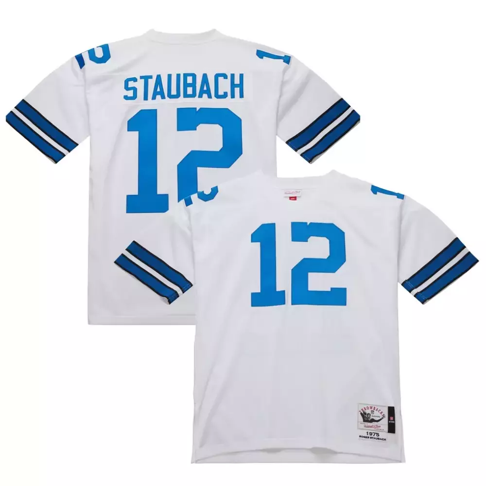 Roger Staubach 12 Dallas Cowboys Jersey White 1975 Mitchell Ness Men Throwback Blue