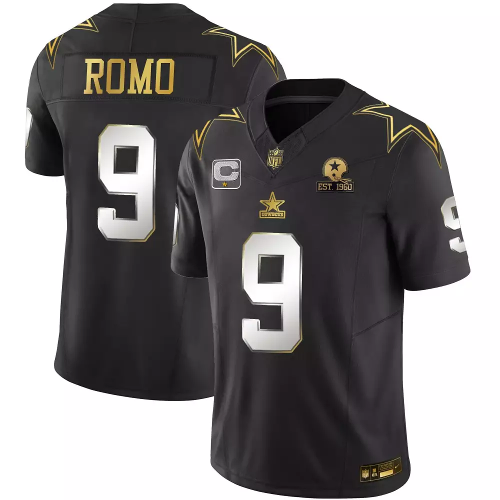 Tony Romo 9 Cowboys Jersey Black Est. 1960 Star Helmet Men Alternate White Gold Limited