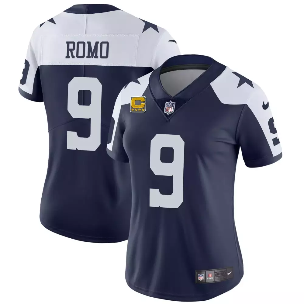 Tony Romo 9 Dallas Cowboys Jersey Navy Blue Women Game White Throwback Limited Vapor