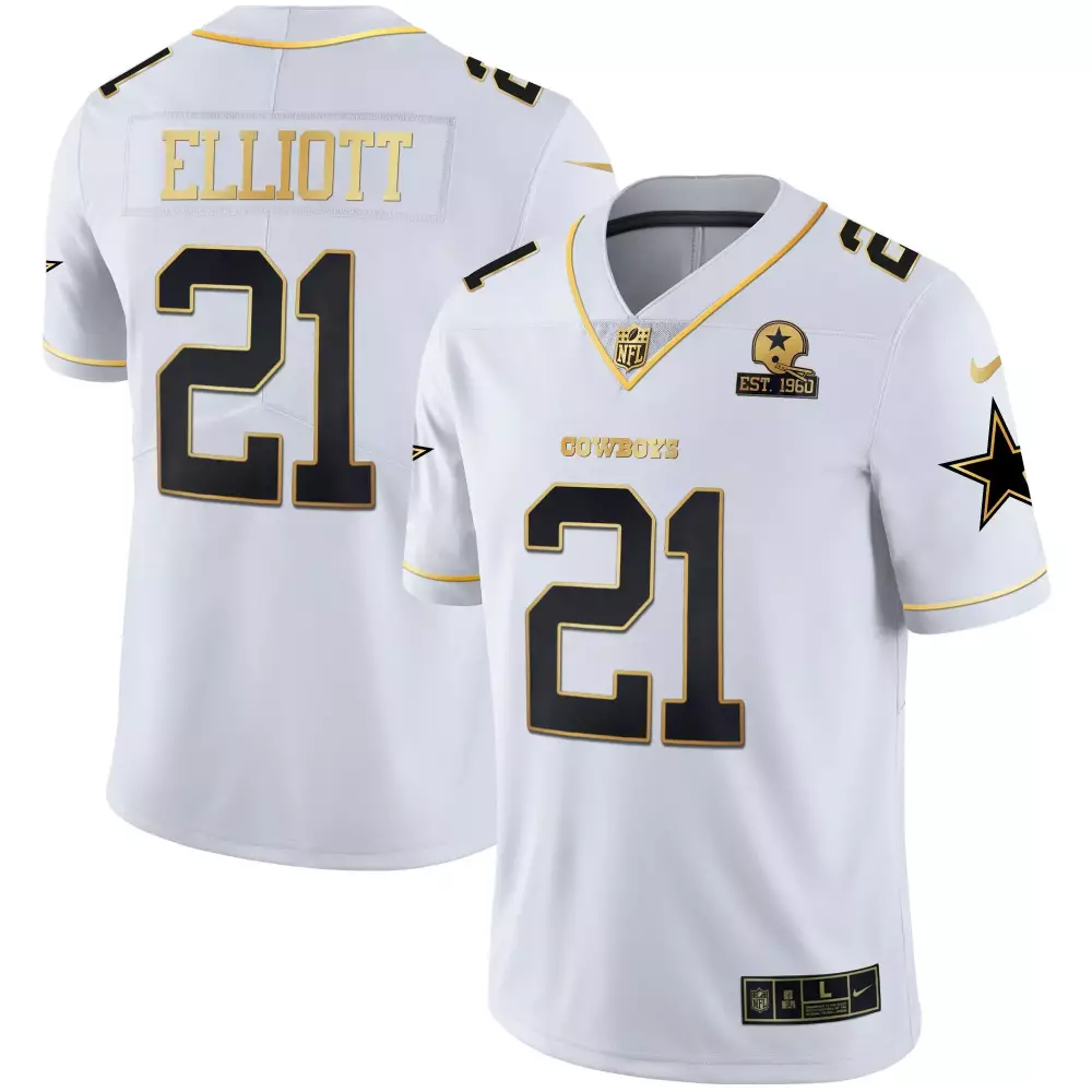 Ezekiel Elliott 21 Cowboys Jersey White 60th Anniversary Men Black Gold Vapor All