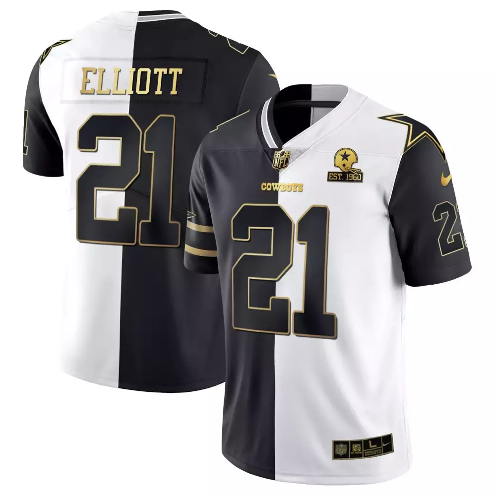 Ezekiel Elliott 21 Cowboys Jersey Black Men Split White Gold All Stitched