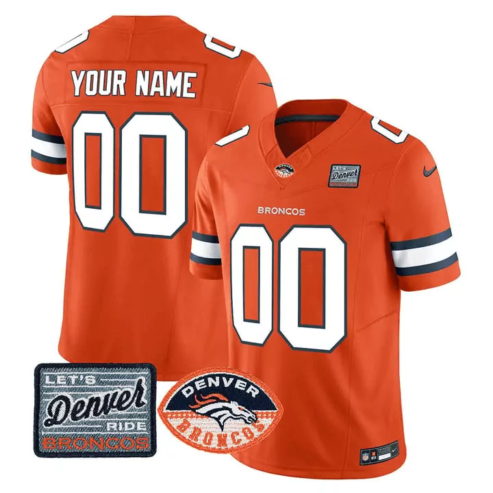 Custom Denver Broncos Jersey Orange NFL Oval Let's Ride White Navy Blue Vapor Limited