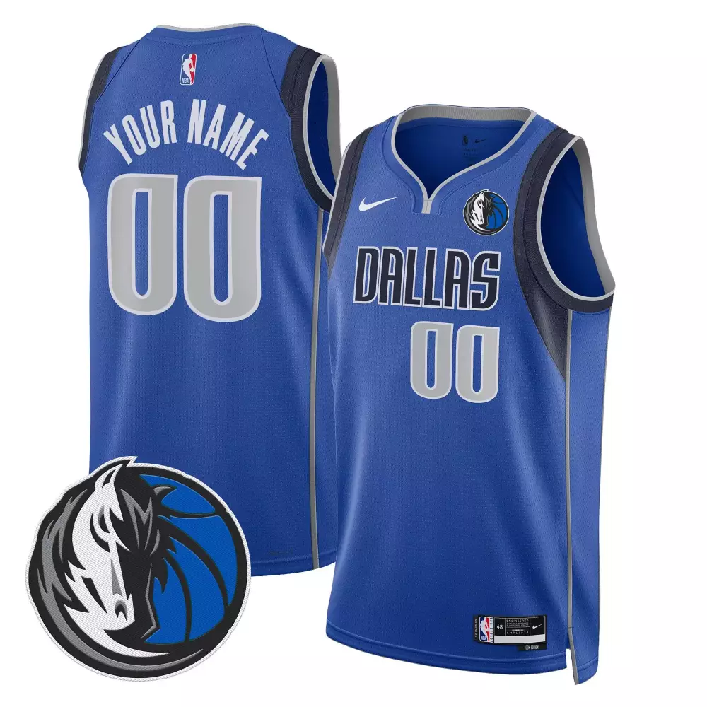 Custom Dallas Mavericks Jersey Blue Men Dark Grey White Icon Swingman v2 All Stitched
