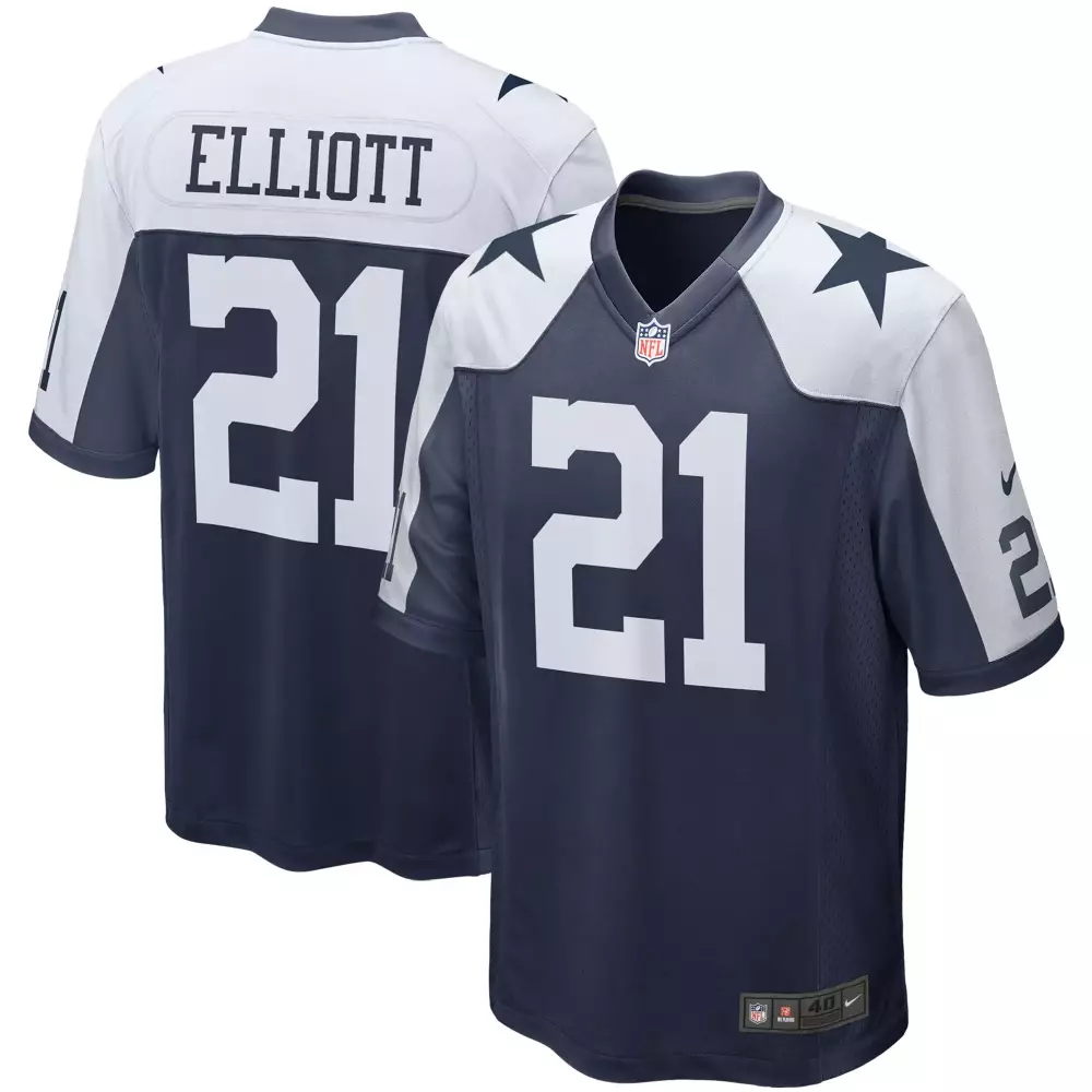 Ezekiel Elliott 21 Dallas Cowboys Jersey Navy Men NFL White Throwback Collection