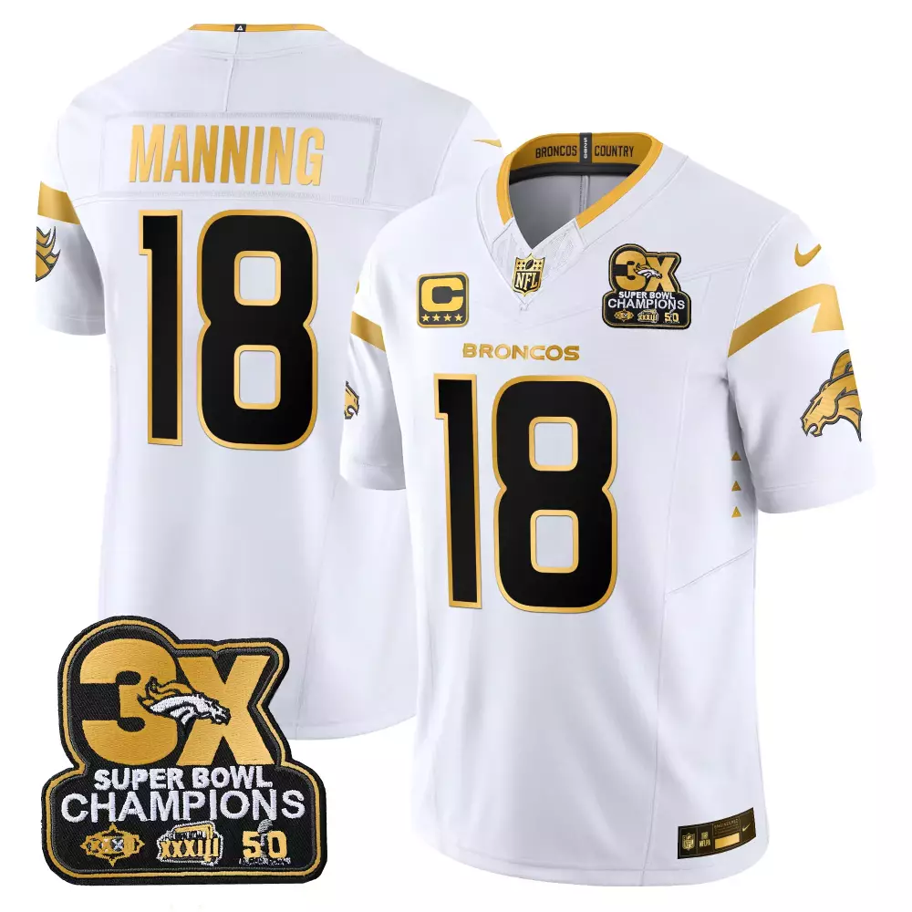 Peyton Manning 18 Broncos Jersey White Super Bowl 50 Champions 3X Men Player Black