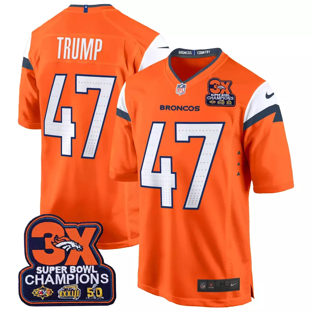 Donald Trump 47 Broncos Jersey Orange Super Bowl 50 3X Champions Men White Navy Game