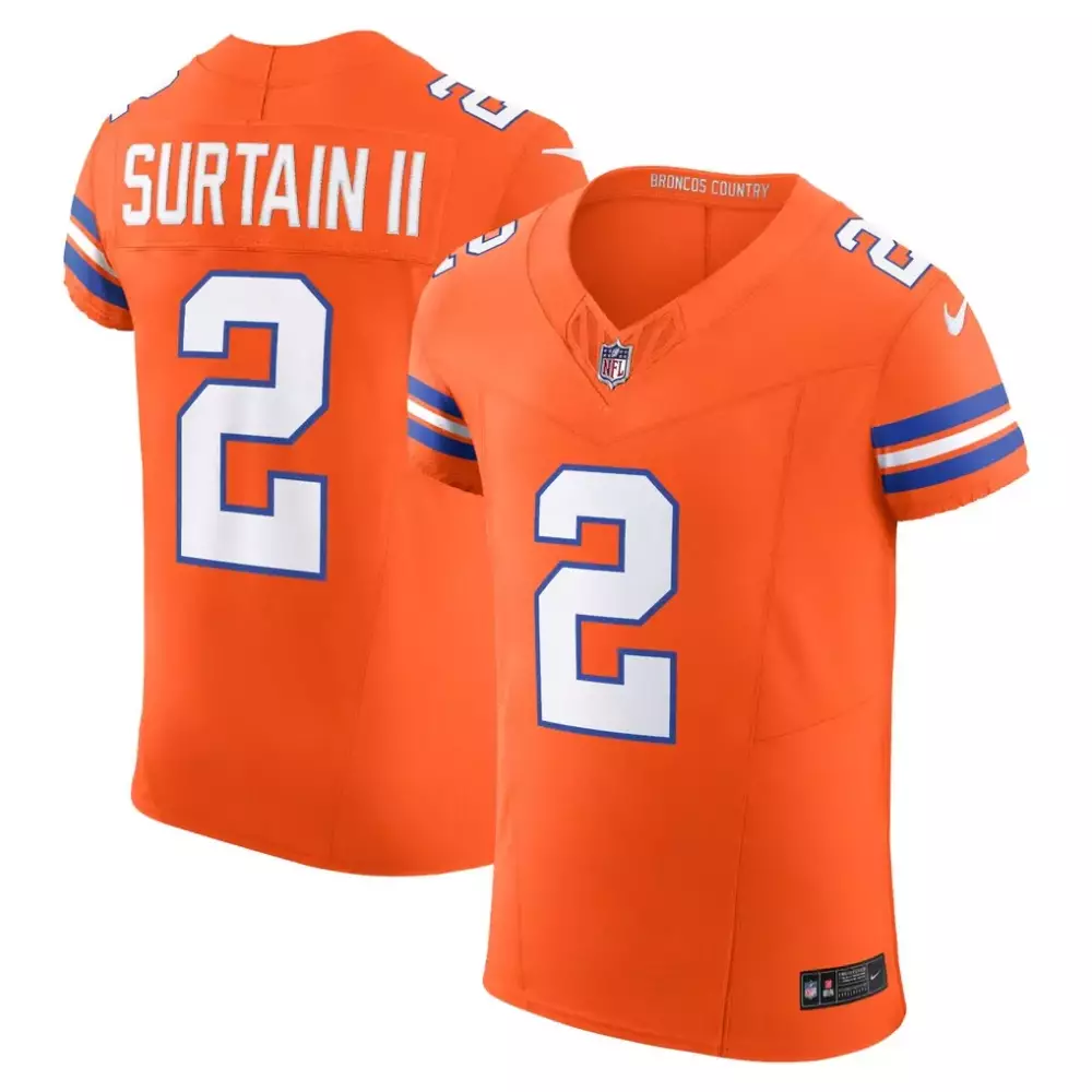 Patrick Surtain 2 Broncos Jersey Orange Men Authentic White Blue Vapor Elite