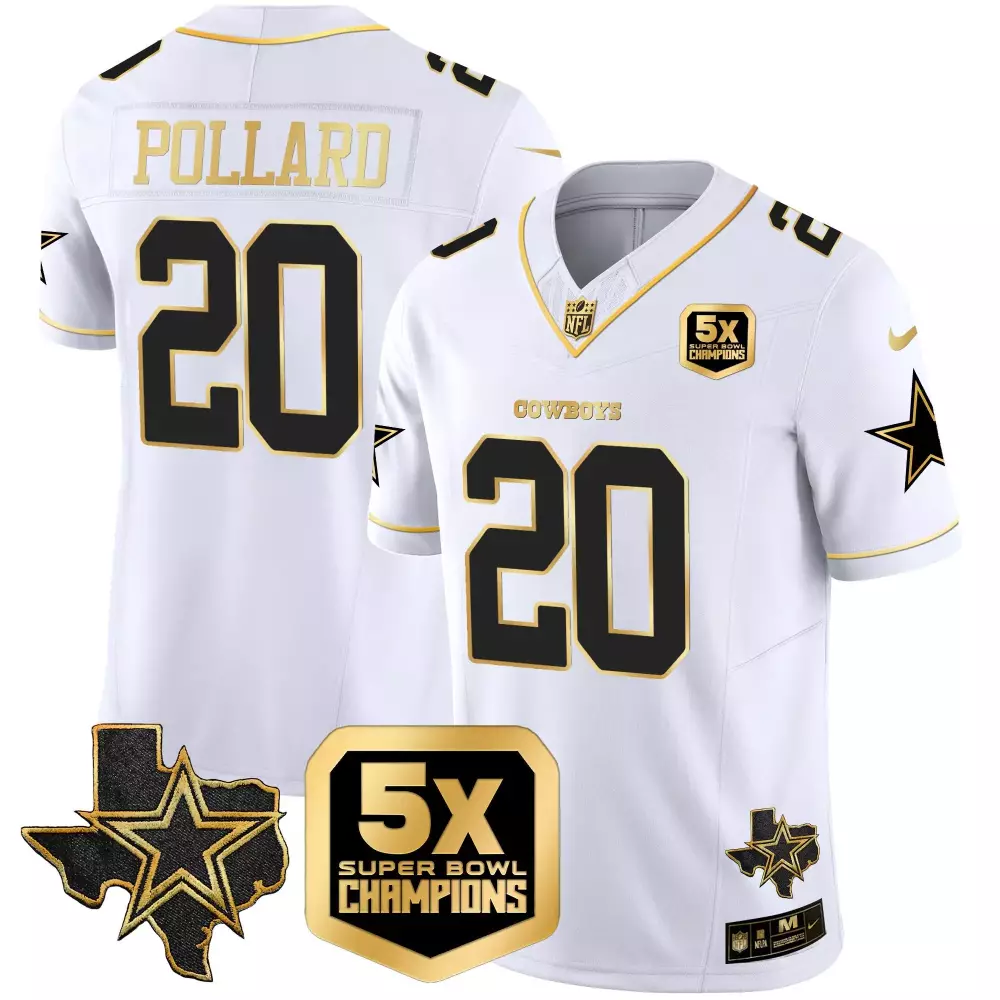 Tony Pollard 20 Cowboys Jersey White 5X Super Bowl Champions Men Black Gold Vapor