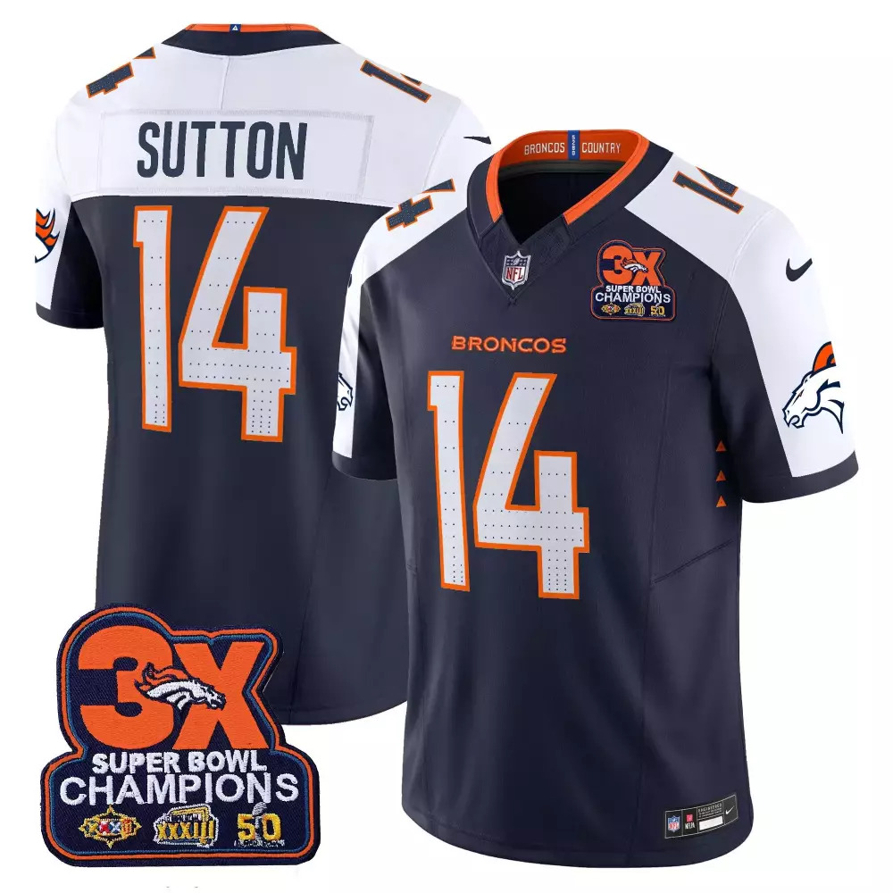 Courtland Sutton 14 Broncos Jersey Navy Super Bowl Xxxiii, Xxxii, 50 3x Champions