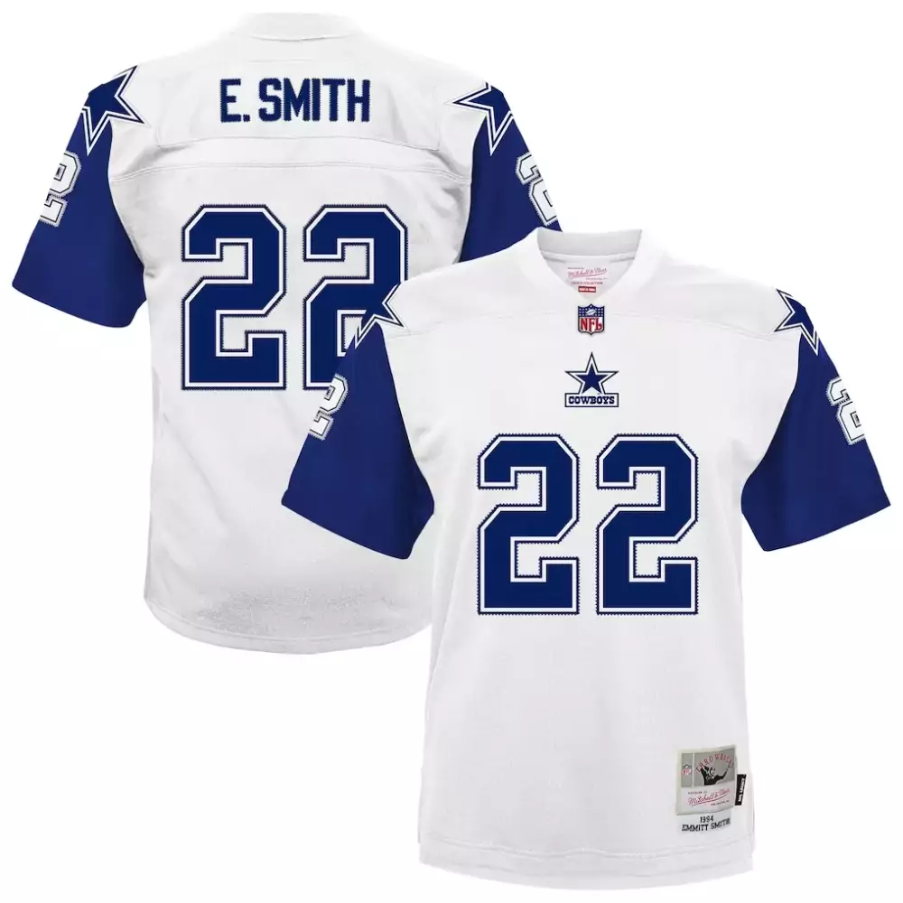 Emmitt Smith 22 Dallas Cowboys Jersey White Emmit 1994 Mitchell Ness Men Blue Silver