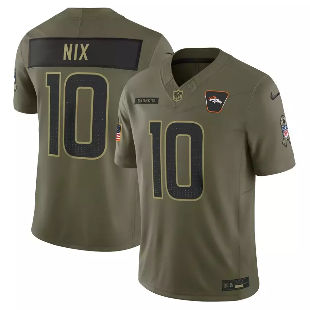 Bo Nix 10 Broncos Jersey Olive Salute To Service American Flag Men Replica Alternate