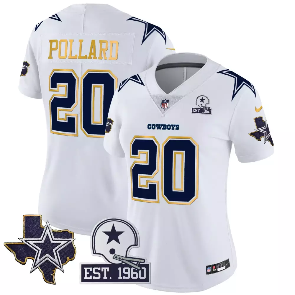 Tony Pollard 20 Cowboys Jersey White Est. 1960 Texas Men Short Sleeve Navy Gold Vapor