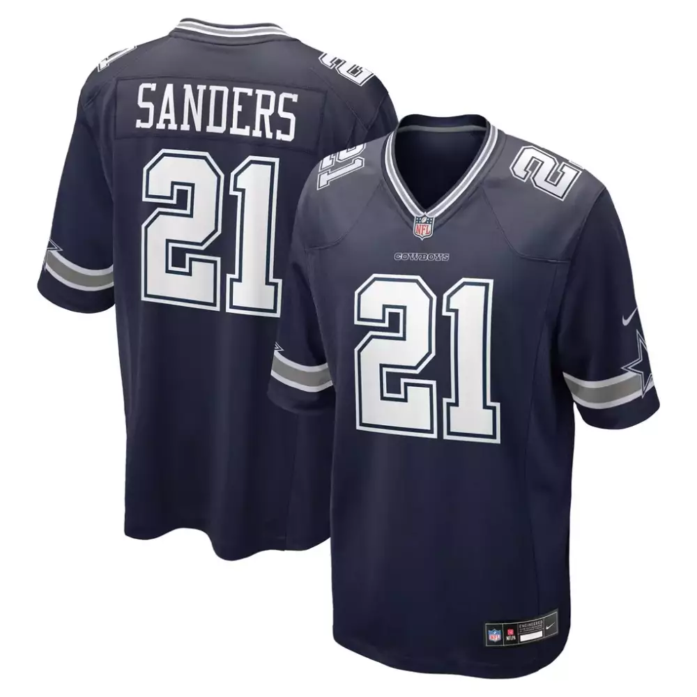 Deion Sanders 21 Cowboys Jersey Navy Men Replica Silver White Retired Game
