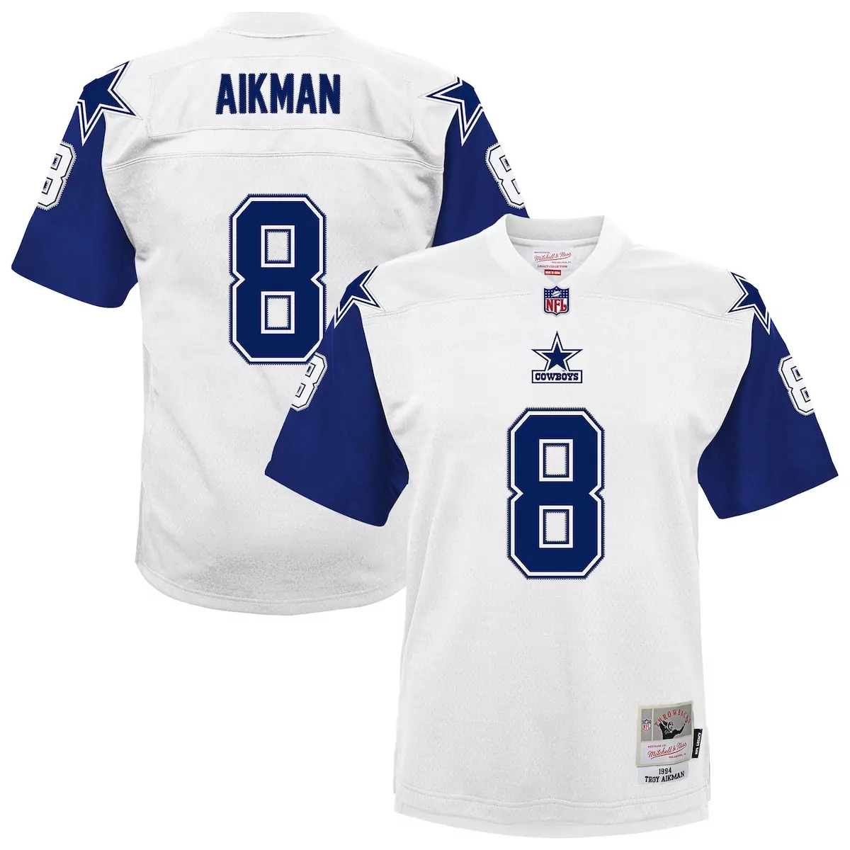 Troy Aikman 8 Cowboys Jersey White Legacy Collection Men Replica Royal Blue Alternate