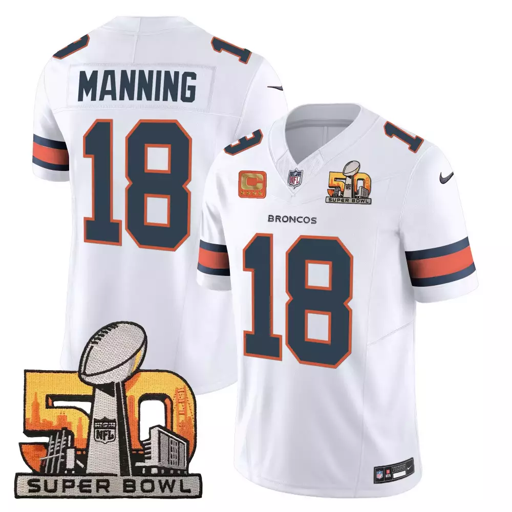 Peyton Manning 18 Broncos Jersey White Super Bowl 50 Men Navy Orange Vapor All Stitched