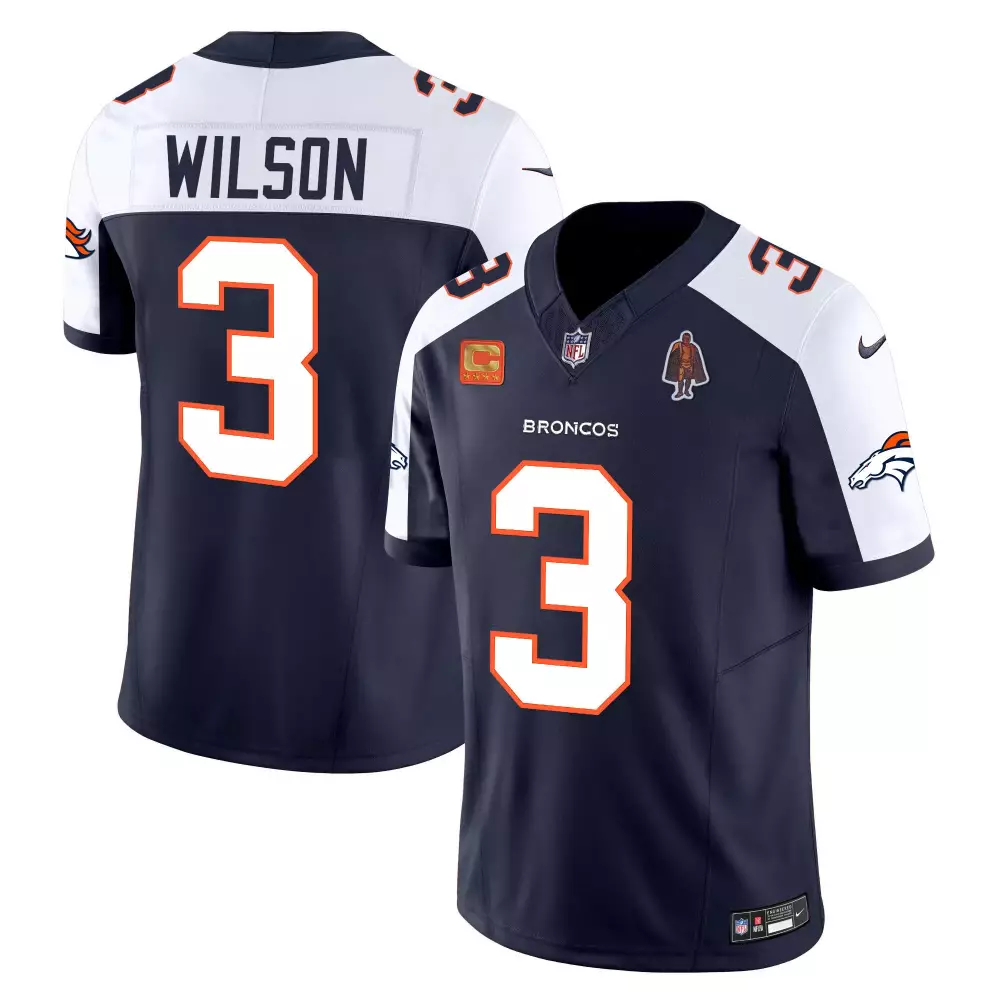 Russell Wilson 3 Broncos Jersey Navy Ring Of Fame Men White Orange Alternate Vapor