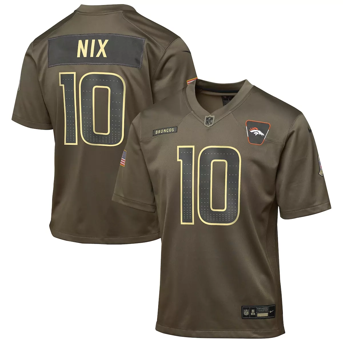 Bo Nix 10 Broncos Jersey Olive Green Salute To Service Men Game Gold Black