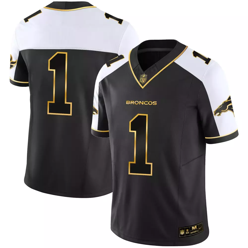 Denver Broncos 1 Jersey Black Men NFL White Gold Alternate Vapor Limited All Stitched