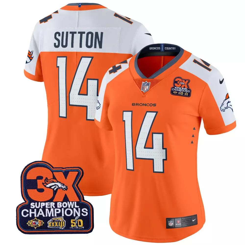 Courtland Sutton 14 Broncos Jersey Orange Super Bowl 50 3x Champions Men White Navy Blue