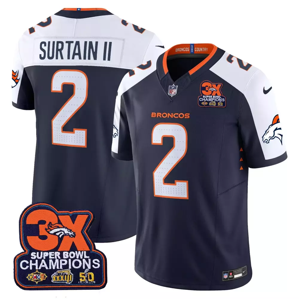 Patrick Surtain 2 Broncos Jersey Navy 3X Super Bowl Champions Men Orange White Alternate