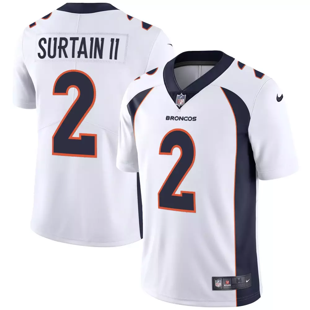 Patrick Surtain 2 Broncos Jersey White Men Navy Blue Orange Vapor All Stitched