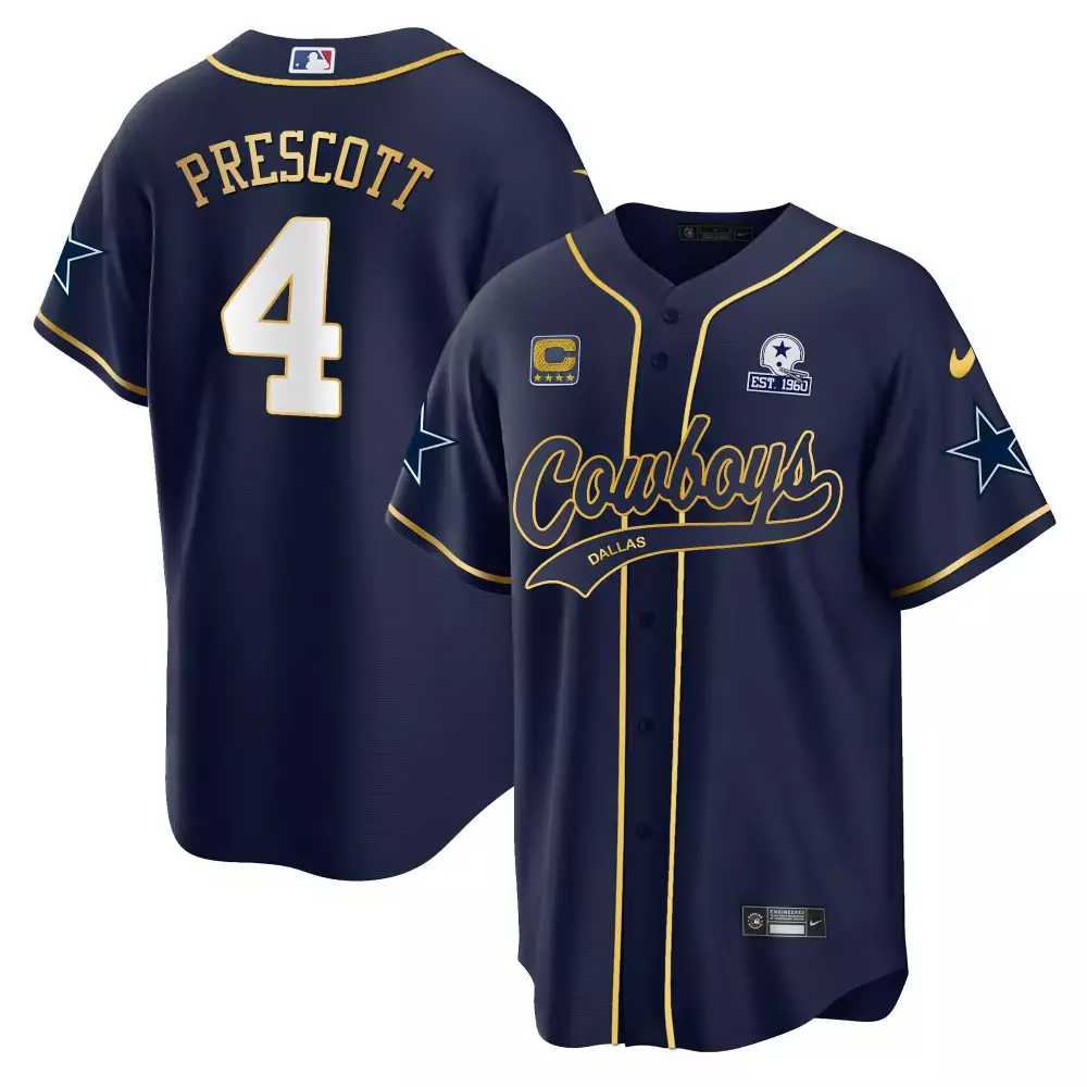Dak Prescott 4 Dallas Cowboys Jersey Navy Baseball Star Stars Men Button-up Gold