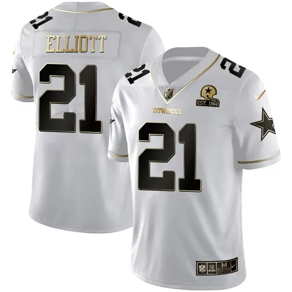 Ezekiel Elliott 21 Cowboys Jersey White Men Black Gold Collection All Stitched