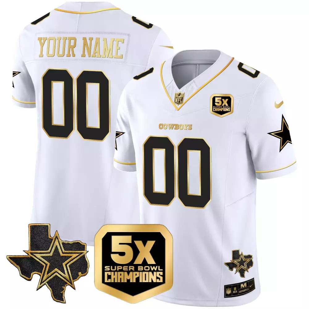 Custom Cowboys Jersey White 5x Super Bowl Champions Texas Star Men NFL Black Gold