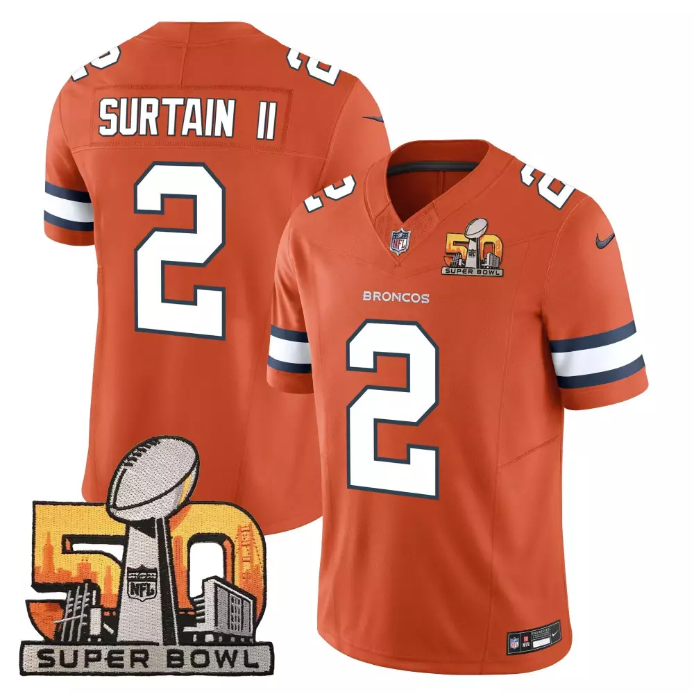 Patrick Surtain 2 Broncos Jersey Orange Super Bowl 50 Men White Navy Blue Vapor All
