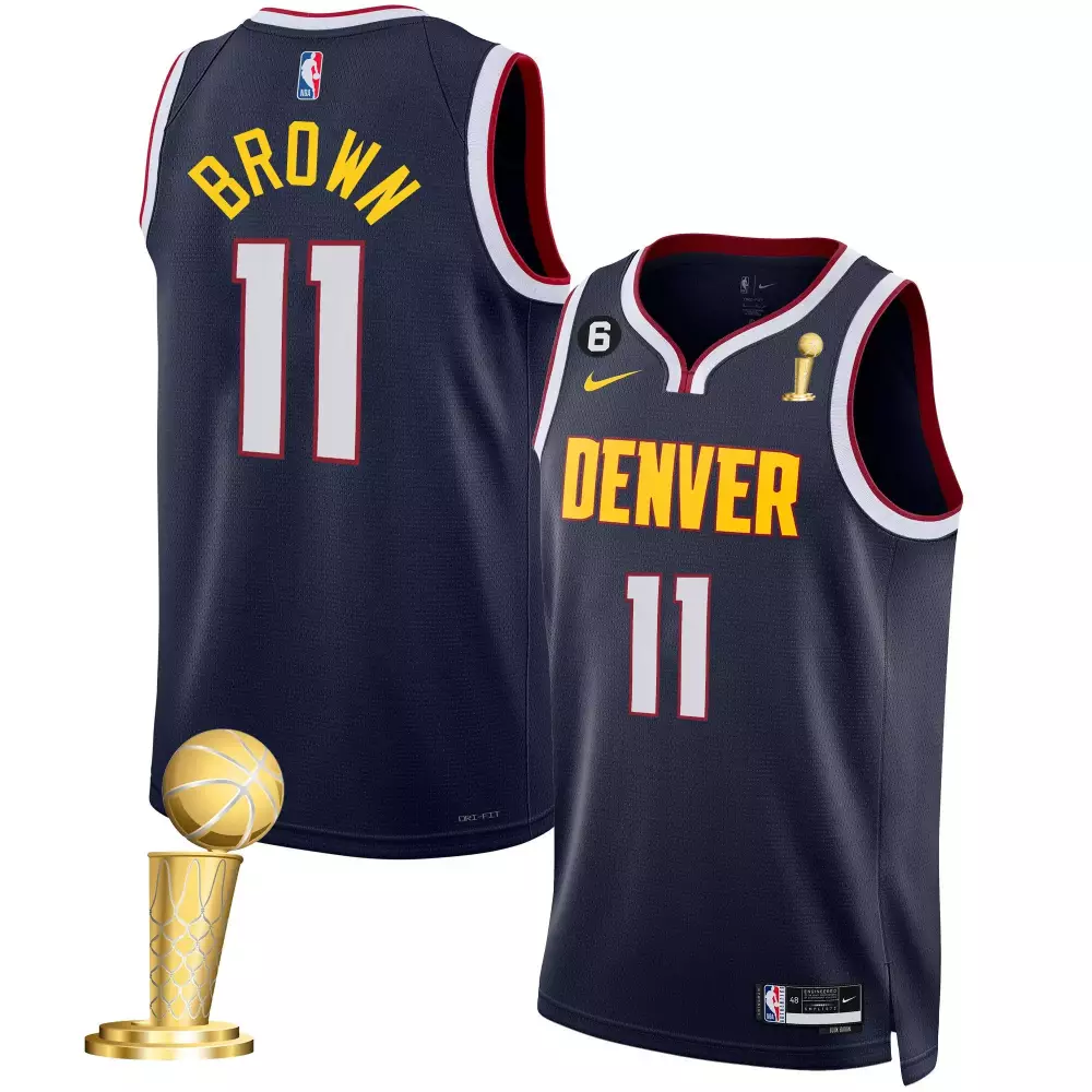 Bruce Brown 11 Denver Nuggets Jersey Navy 2023 NBA Champions Larry O'brien Championship Trophy
