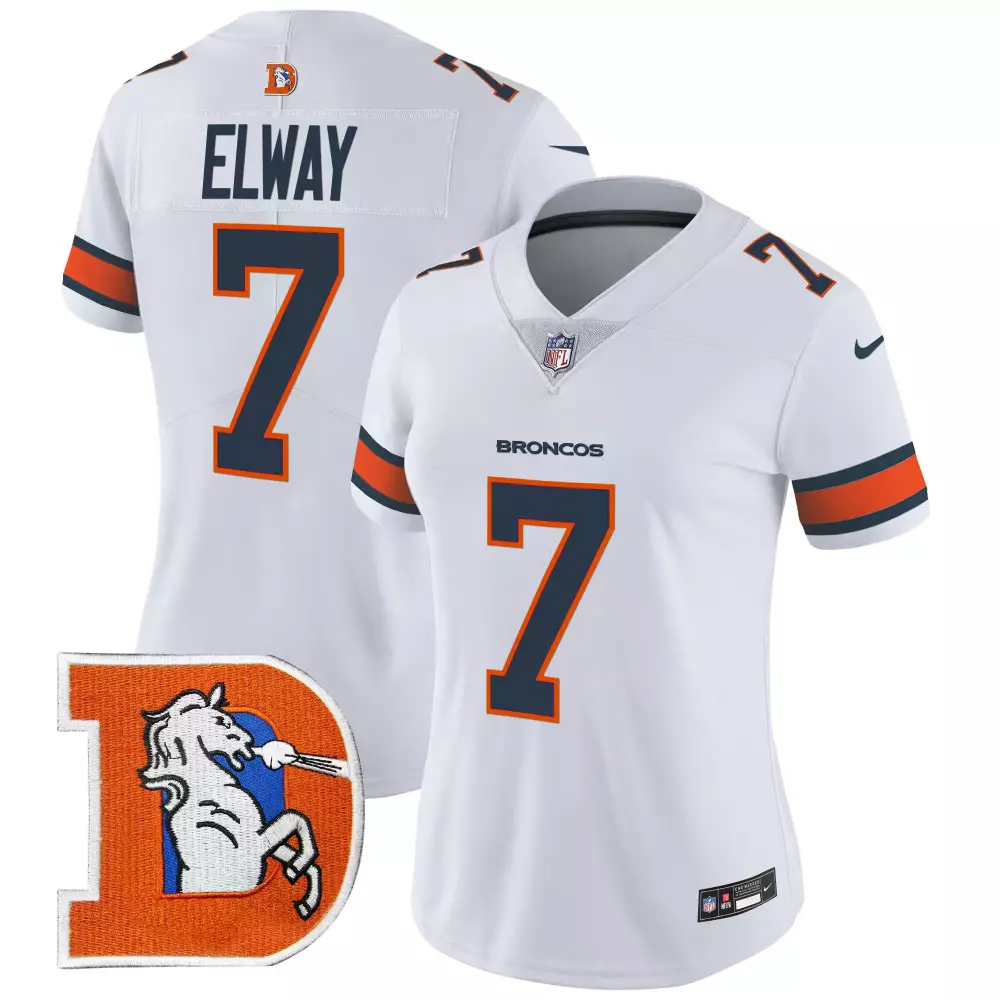 John Elway 7 Broncos Jersey White Denver Women Replica Orange Navy Throwback Vapor