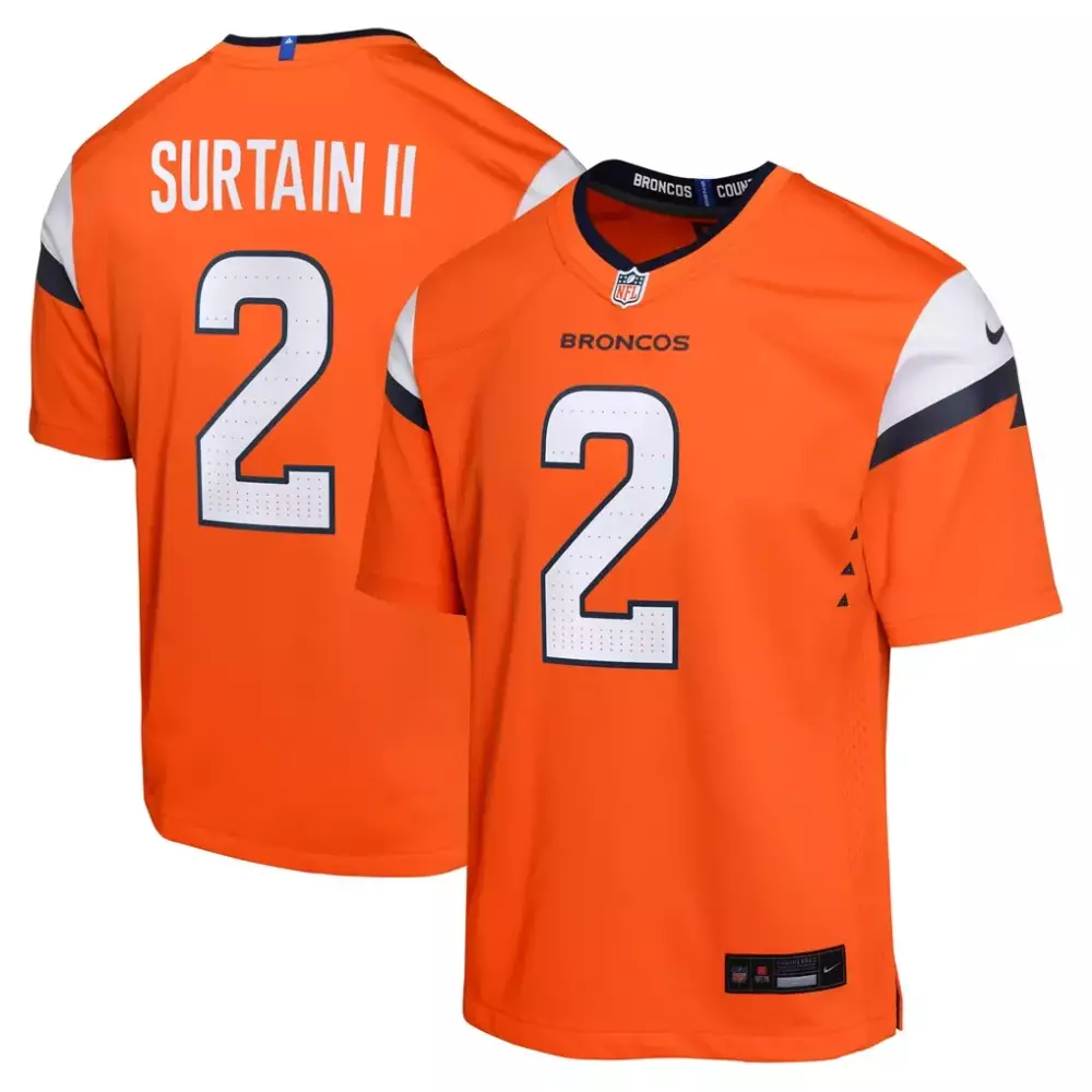 Patrick Surtain 2 Broncos Jersey Orange Men White Navy Game