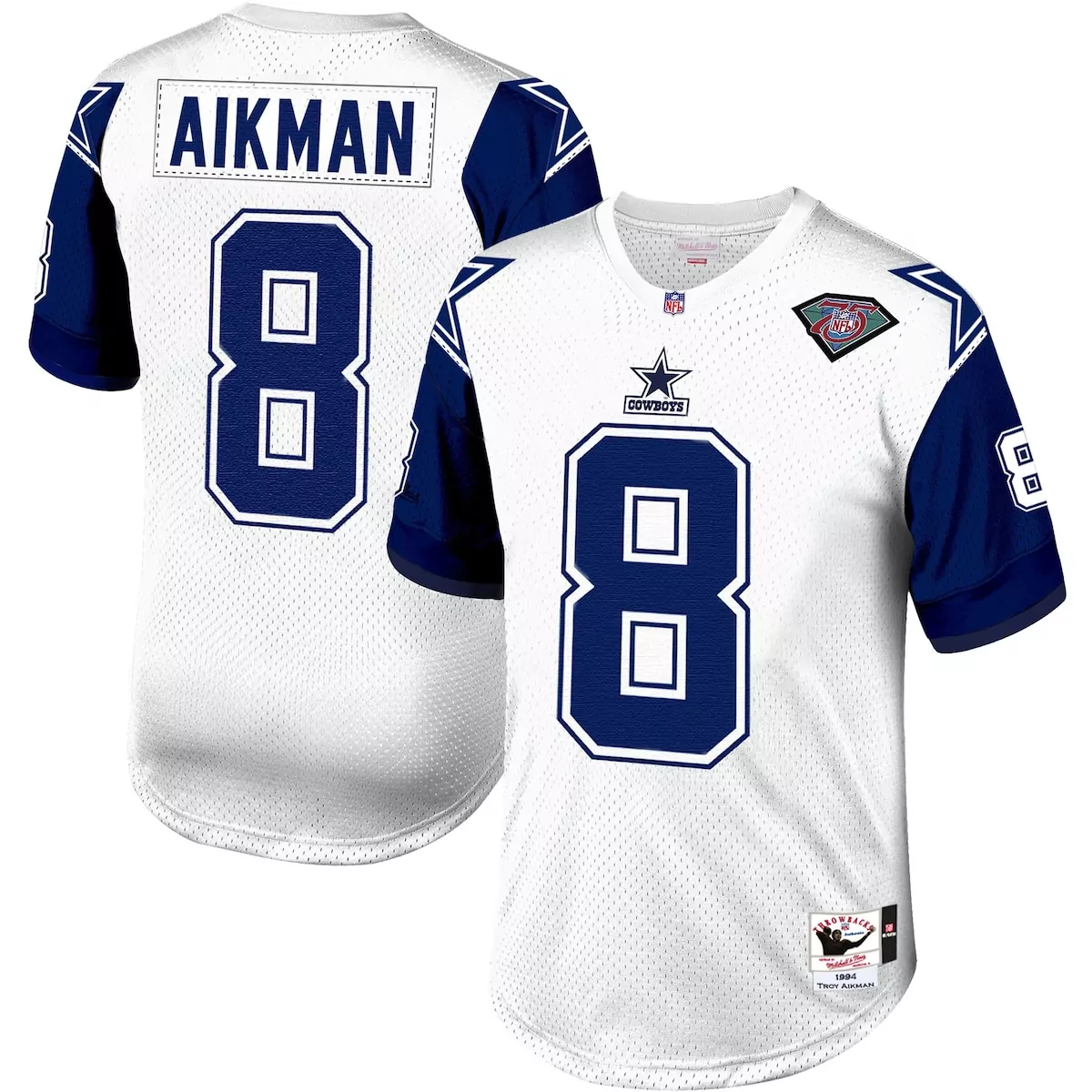 Troy Aikman 8 Cowboys Jersey White 75th Anniversary 1994 Men Blue Throwback Retired