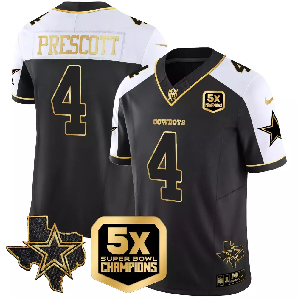 Dak Prescott 4 Cowboys Jersey Black 5x Super Bowl Champions Dallas Star Texas State Outline