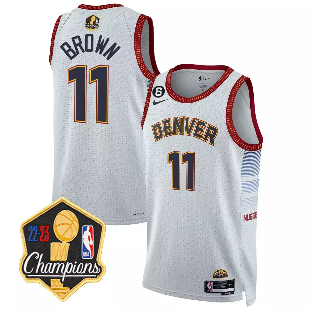 Bruce Brown 11 Denver Nuggets Jersey White 2022-23 NBA Champions 2022 Men Navy Gold
