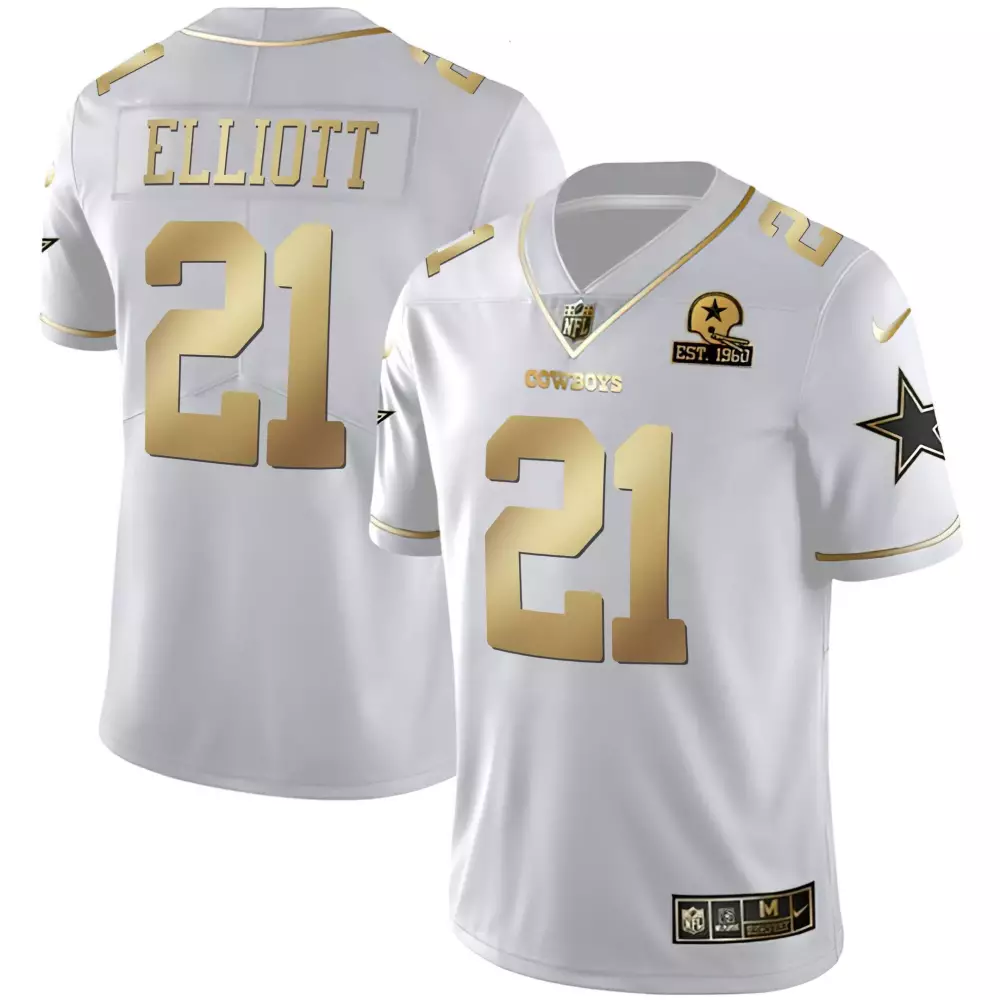 Ezekiel Elliott 21 Cowboys Jersey White 60th Anniversary Men Standard Alternate Gold
