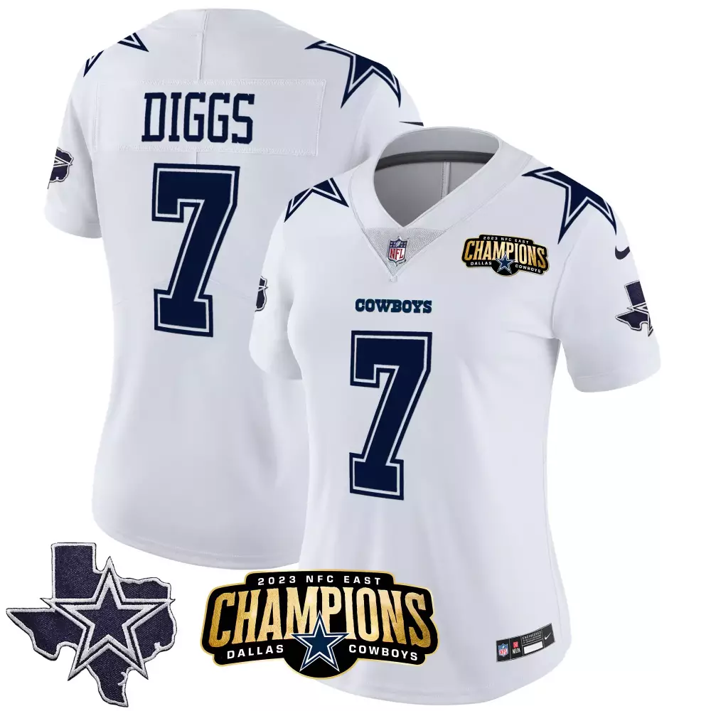 Trevon Diggs 7 Cowboys Jersey White 2023 NFC East Champions Men Player Navy Blue