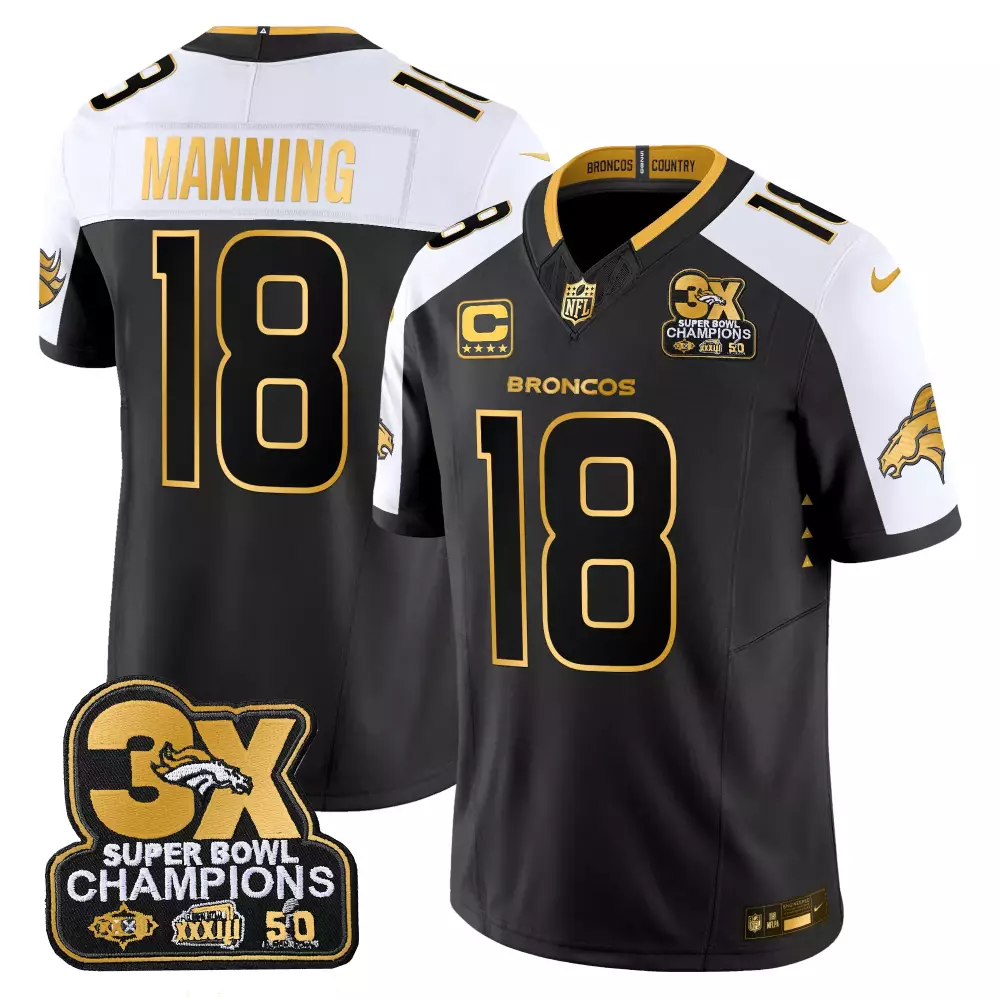 Peyton Manning 18 Broncos Jersey Black Super Bowl 50 3x Champions Men White Gold