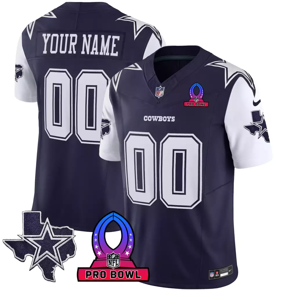 Custom Dallas Cowboys Jersey Navy Blue Pro Bowl Men White Vapor All Stitched