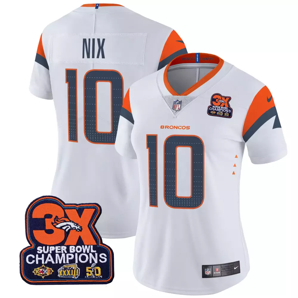 Bo Nix 10 Broncos Jersey White Super Bowl Champions 3X Women Player Orange Navy Blue