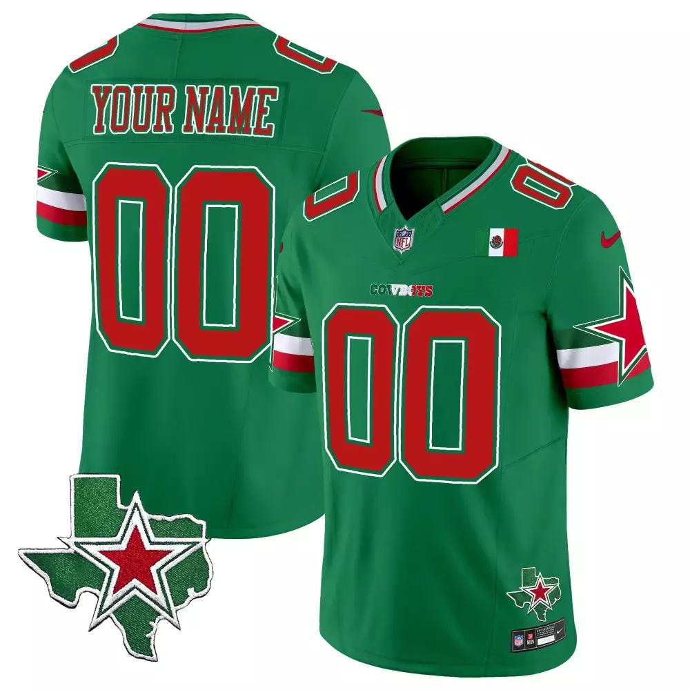 Custom Cowboys Jersey Green Mexico Flag Texas Star Men NFL Red White Vapor Premier