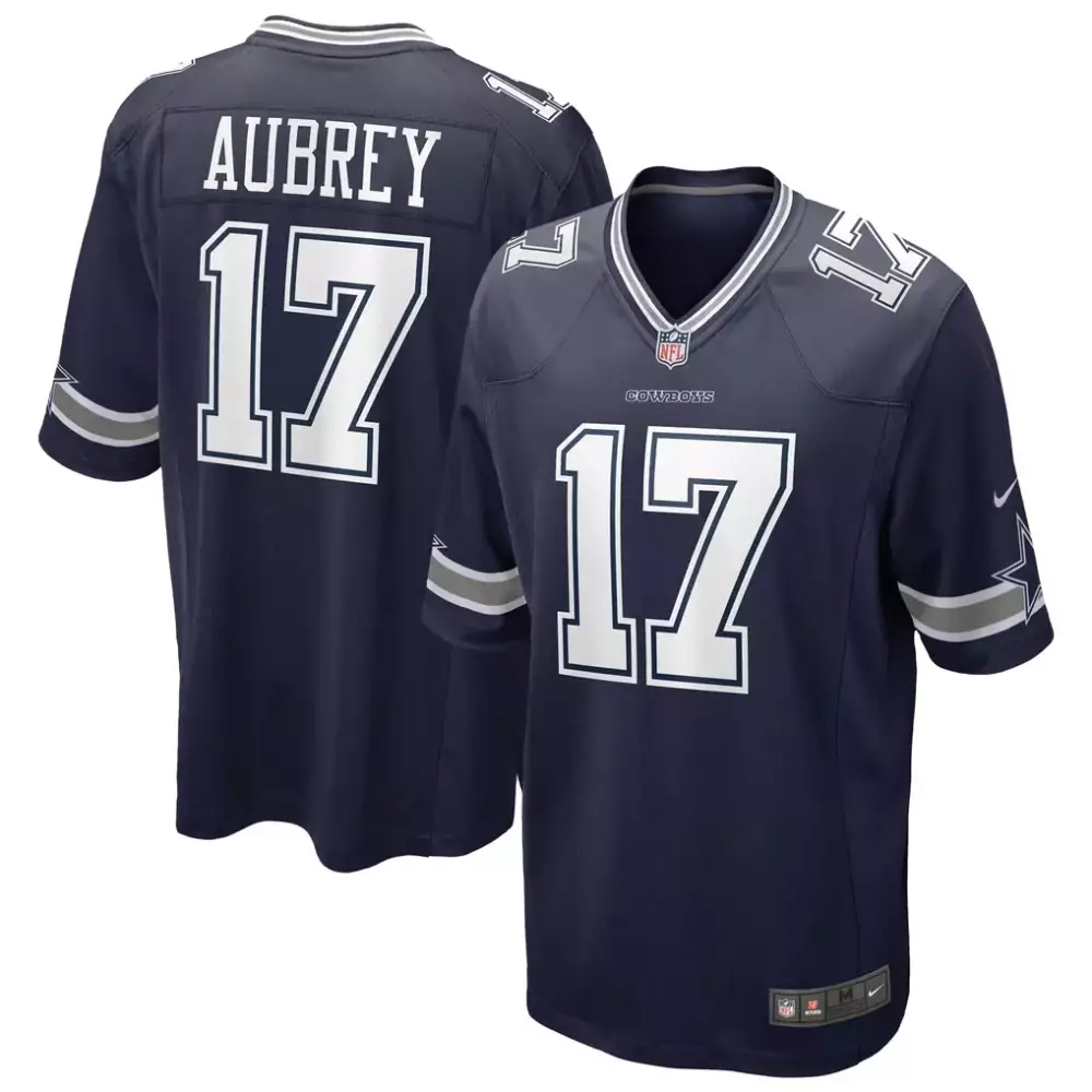 Brandon Aubrey 17 Dallas Cowboys Jersey Navy Blue Men NFL White Silver Game