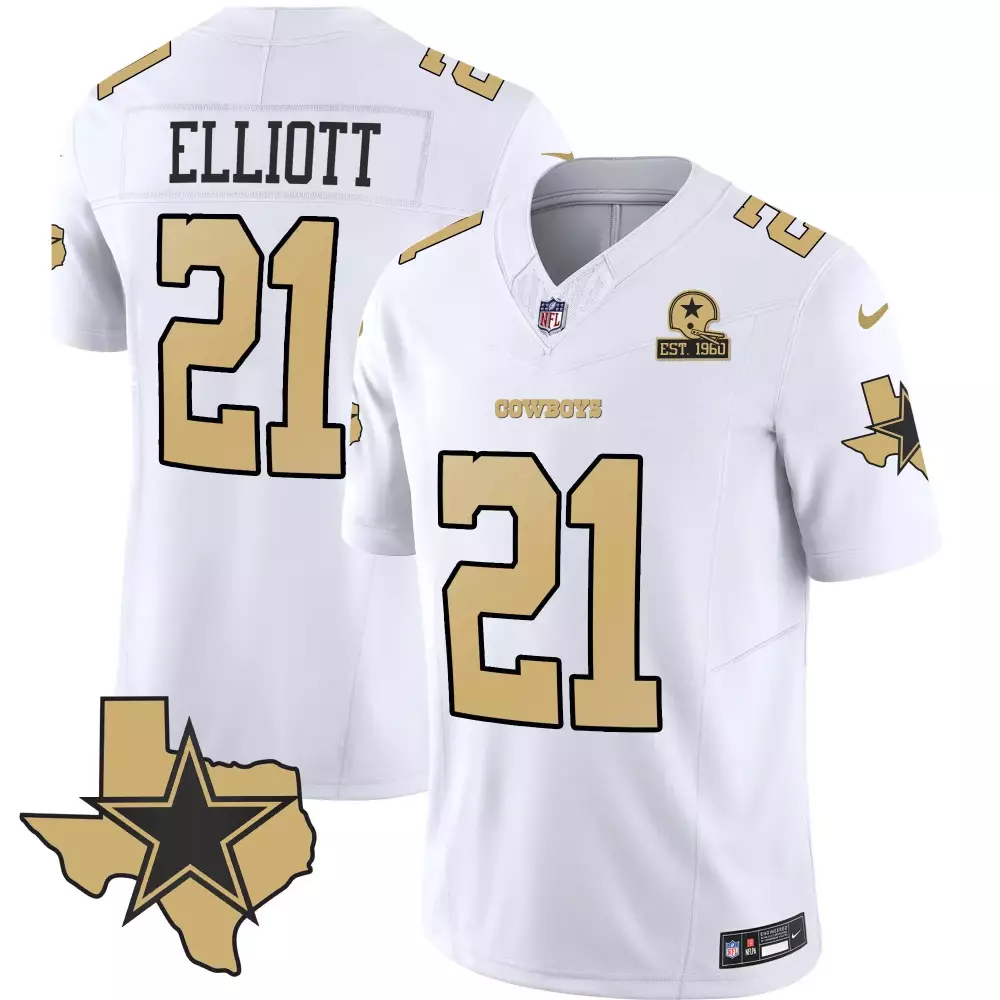 Ezekiel Elliott 21 Cowboys Jersey White Men Gold Vapor Limited All Stitched