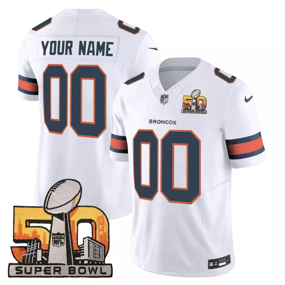 Custom Broncos Jersey White Super Bowl 50 Men Orange Navy All Stitched