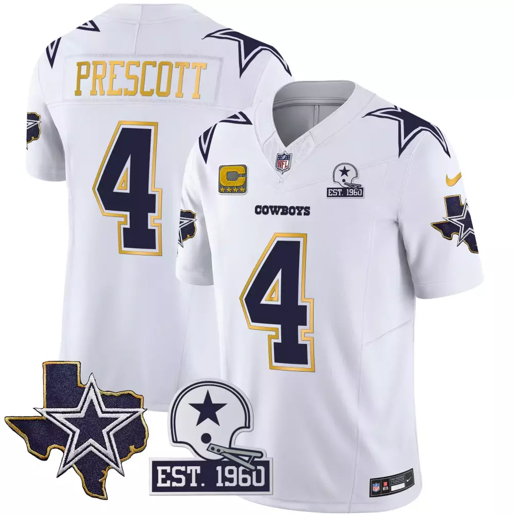 Dak Prescott 4 Cowboys Jersey White Navy Blue & Gold Star Helmet 1960 2021 Men Player