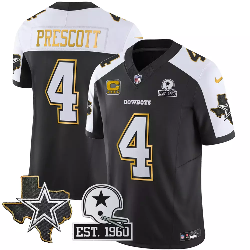 Dak Prescott 4 Cowboys Jersey Black Est. 1960 Texas Star Helmet Men Alternate White