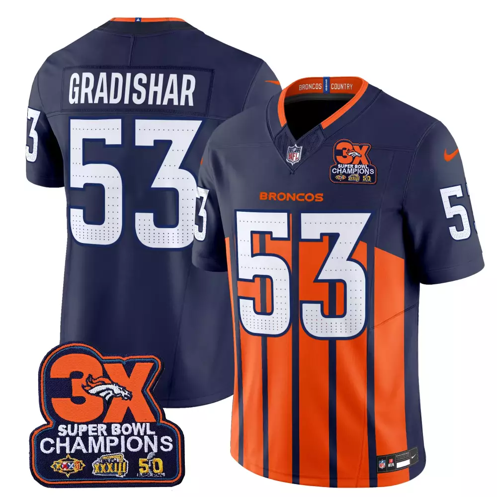 Randy Gradishar 53 Broncos Jersey Navy Super Bowl Xxxiii, Xxxii, 50 3X Champions 2016